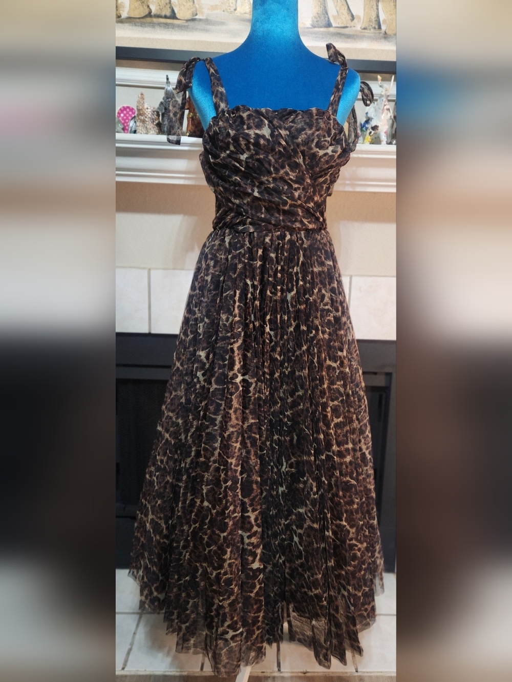 Leopard Print Maxi Dress with Tie Straps - Brown